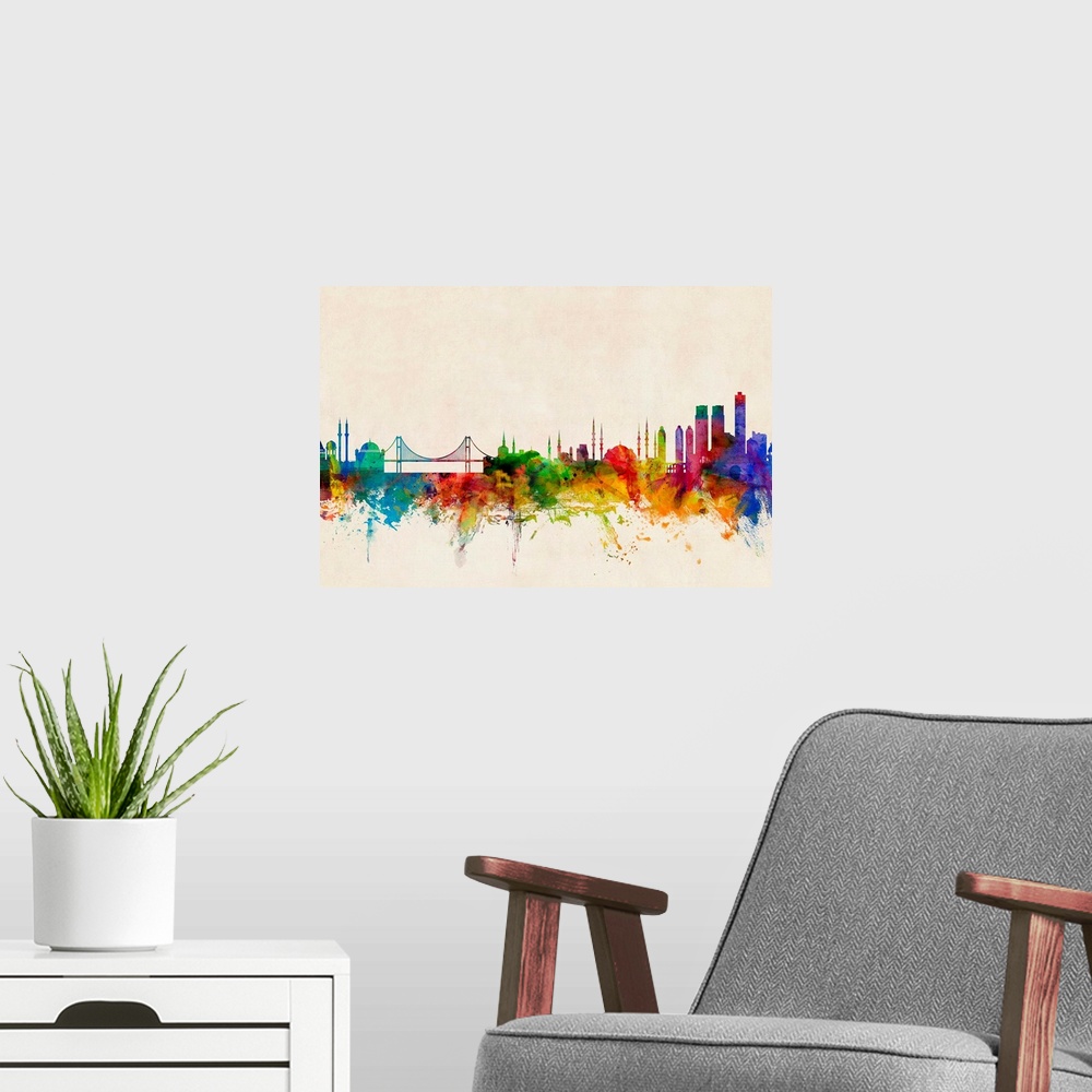 A modern room featuring Contemporary piece of artwork of the Istanbul skyline made of colorful paint splashes.