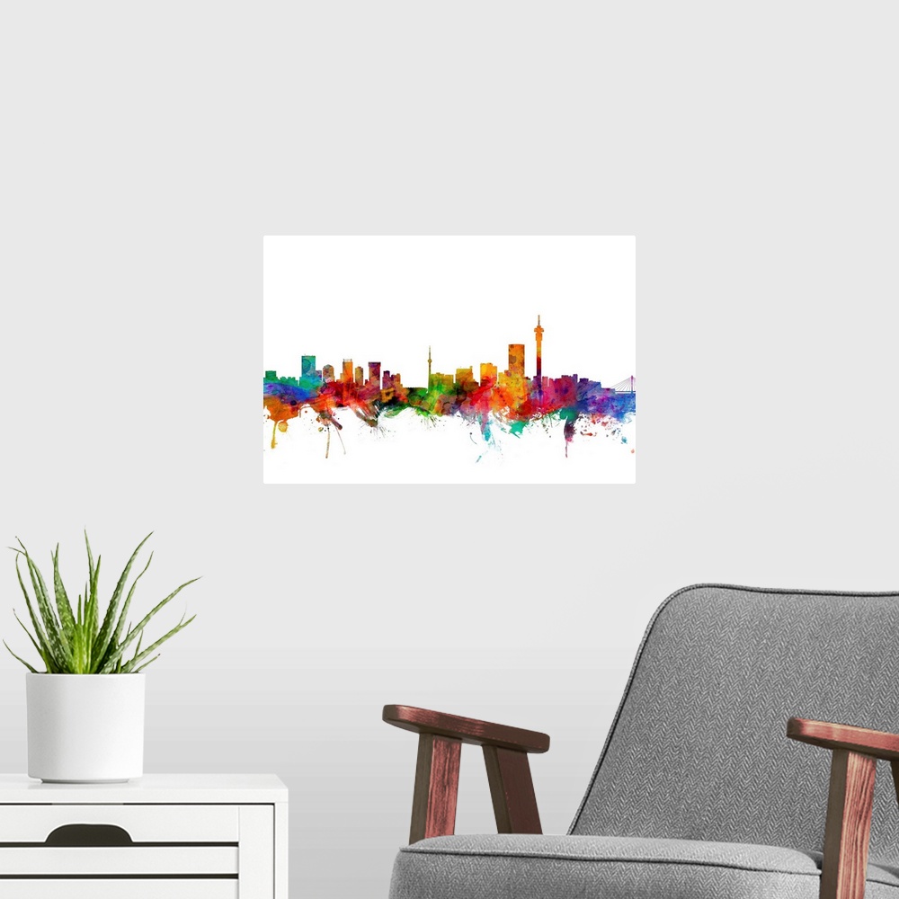 A modern room featuring Watercolor artwork of the Johannesburg skyline against a white background.