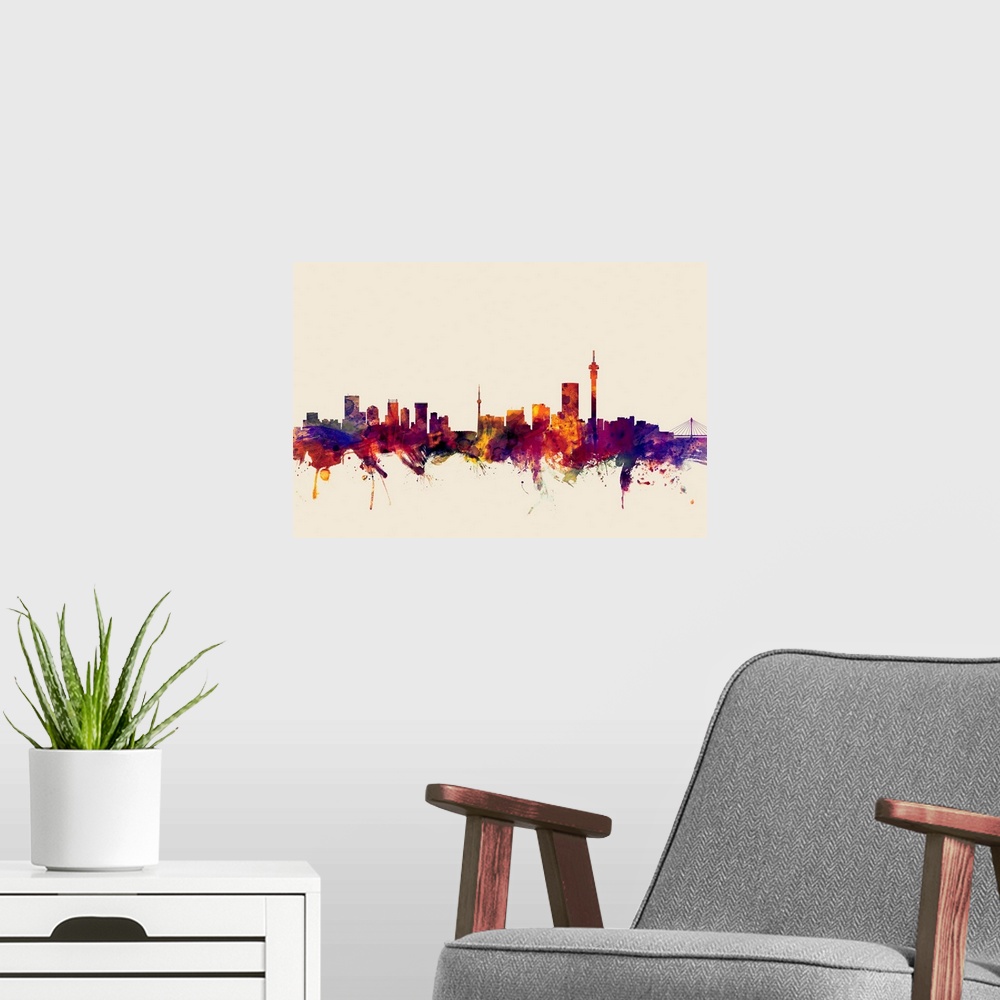 A modern room featuring Contemporary artwork of the Johannesburg city skyline in watercolor paint splashes.