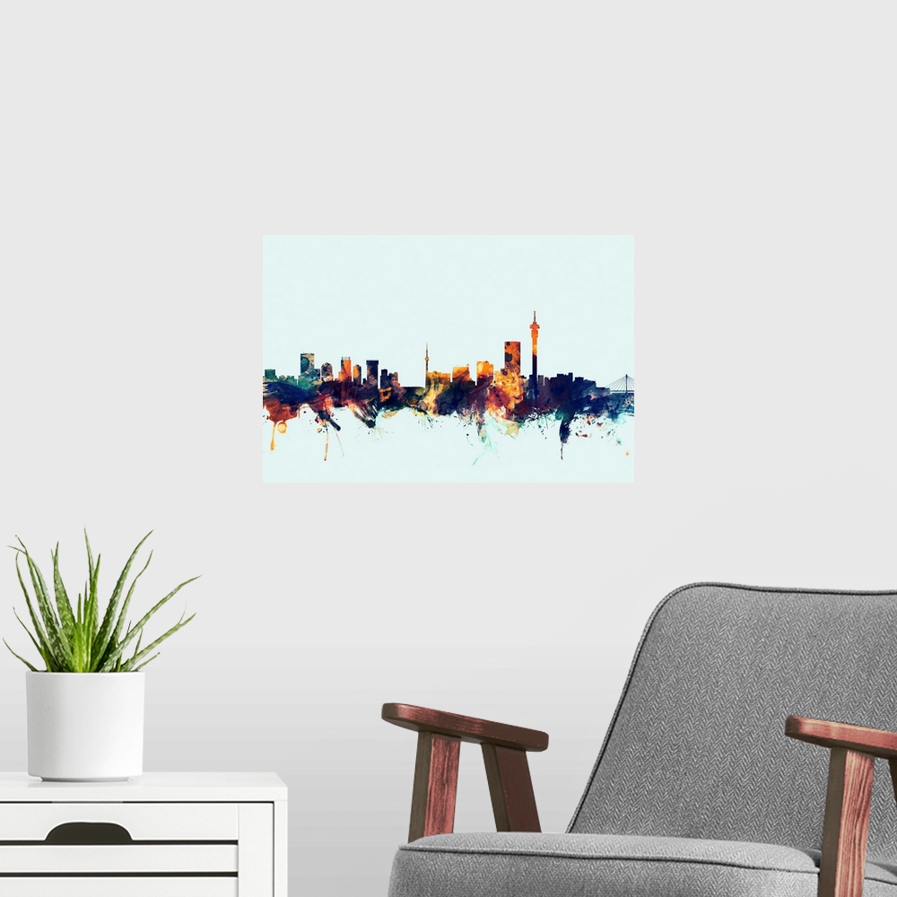 A modern room featuring Dark watercolor silhouette of the Johannesburg city skyline against a light blue background.