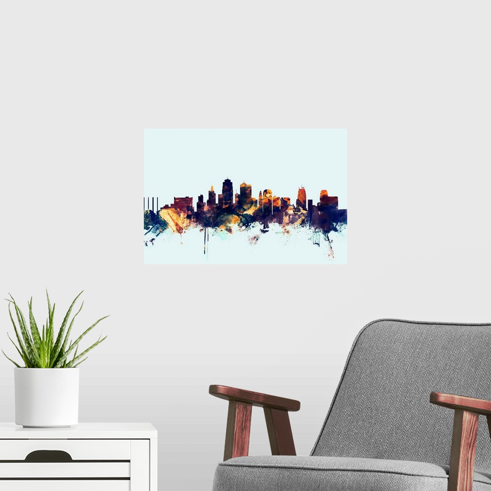 A modern room featuring Dark watercolor silhouette of the Kansas city skyline against a light blue background.