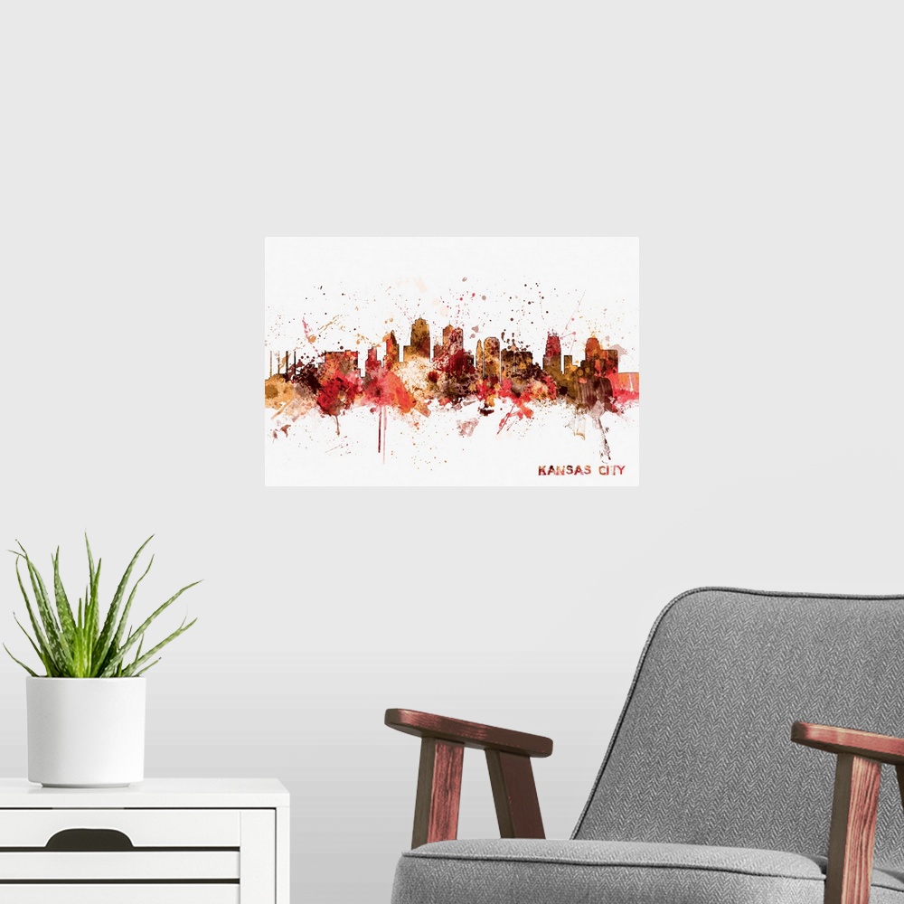 A modern room featuring Watercolor and paint splashes art print of the skyline of Kansas City, Missouri, United States.