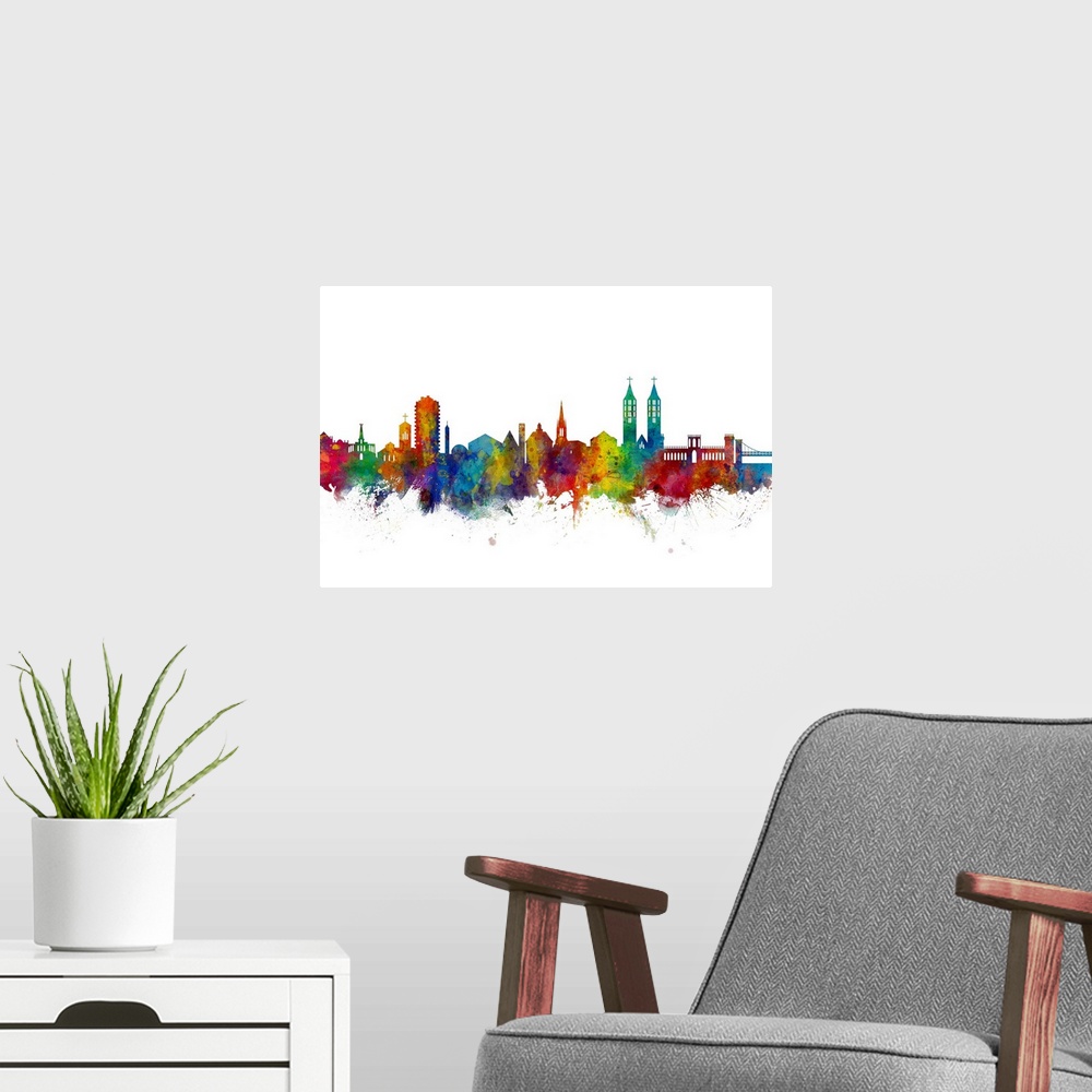 A modern room featuring Watercolor art print of the skyline of Kassel, Germany