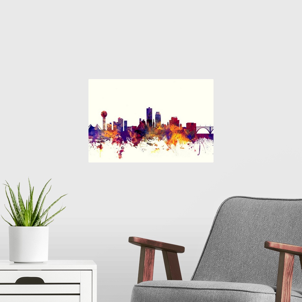 A modern room featuring Dark watercolor splattered silhouette of the Knoxville city skyline.