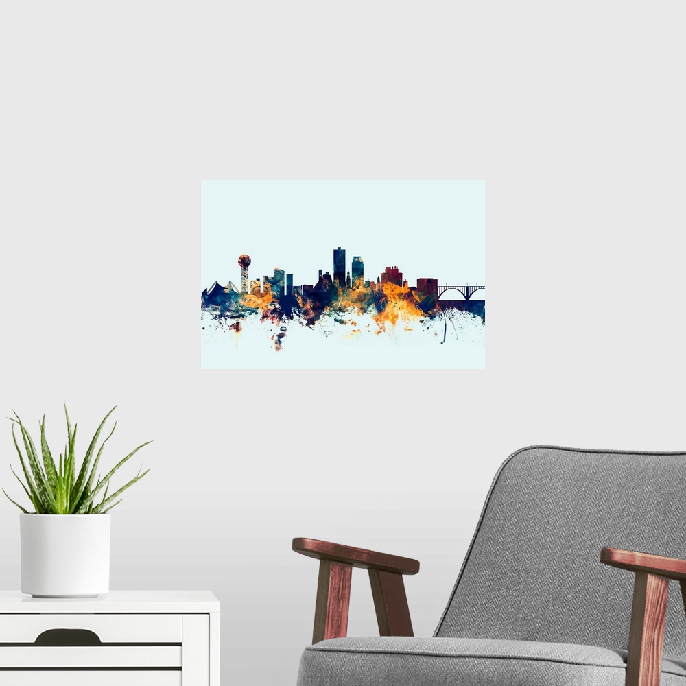 A modern room featuring Dark watercolor silhouette of the Knoxville city skyline against a light blue background.