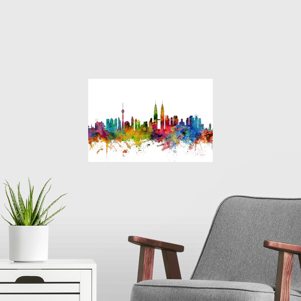 A modern room featuring Watercolor artwork of the Kuala Lumpur skyline against a white background.
