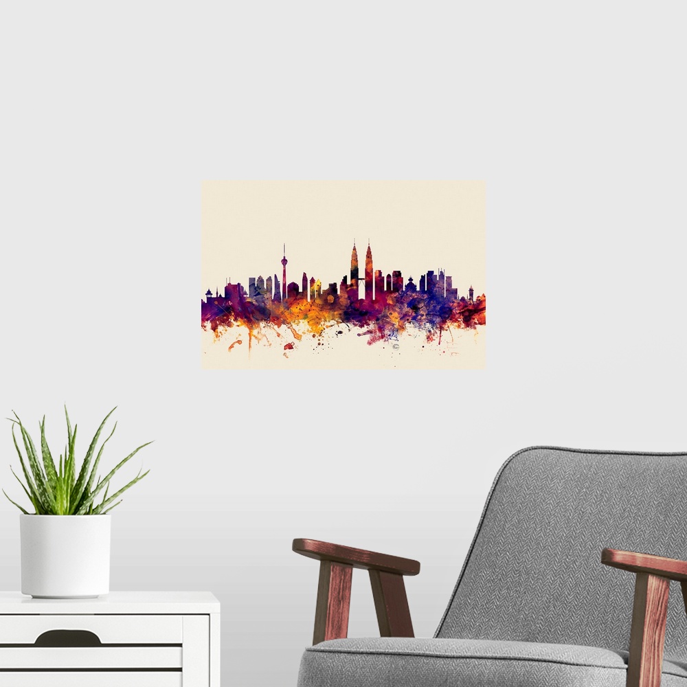 A modern room featuring Contemporary artwork of the Kuala Lumpur city skyline in watercolor paint splashes.