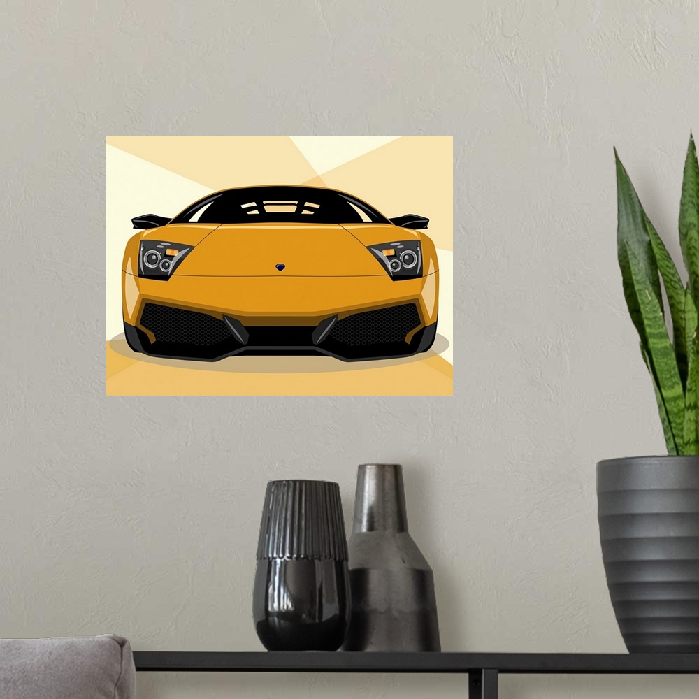 A modern room featuring Digital pop art design of a Lamborghini Murcielago LP670 sports car seen from the front.