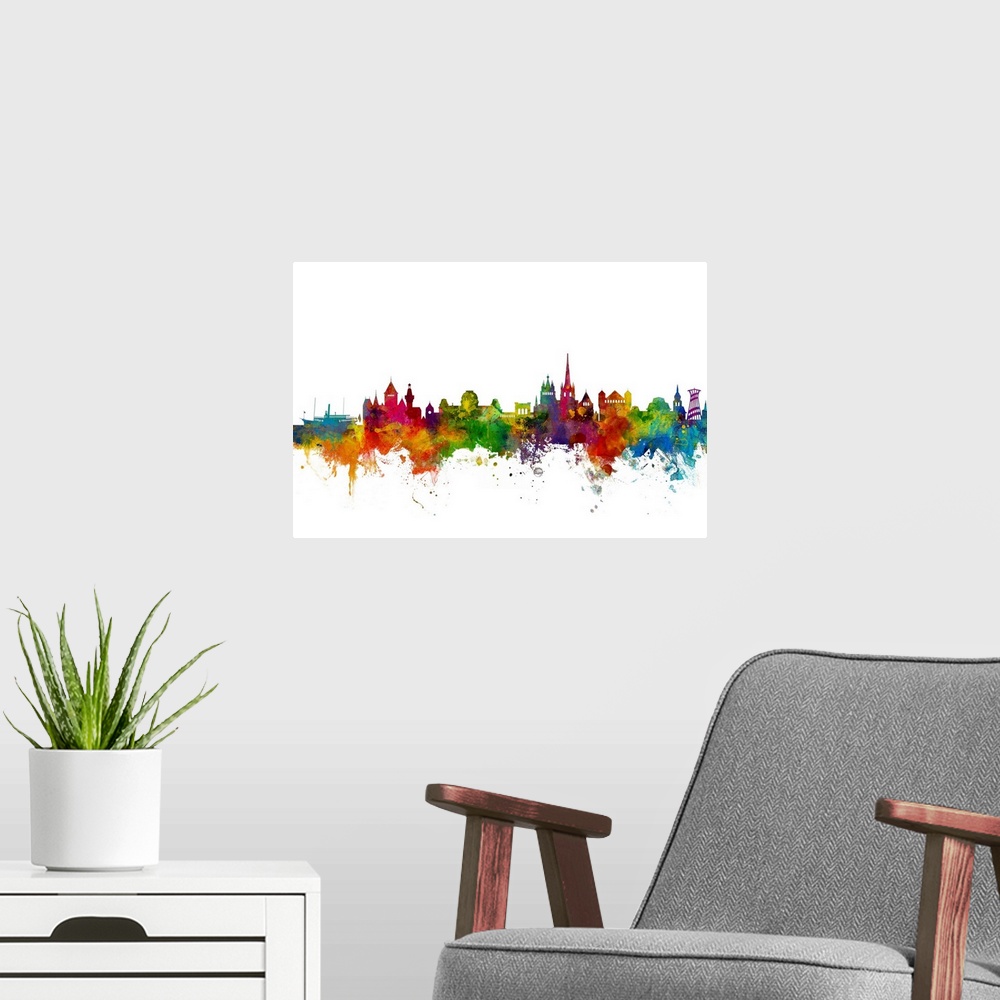 A modern room featuring Watercolor art print of the skyline of Lausanne, Switzerland