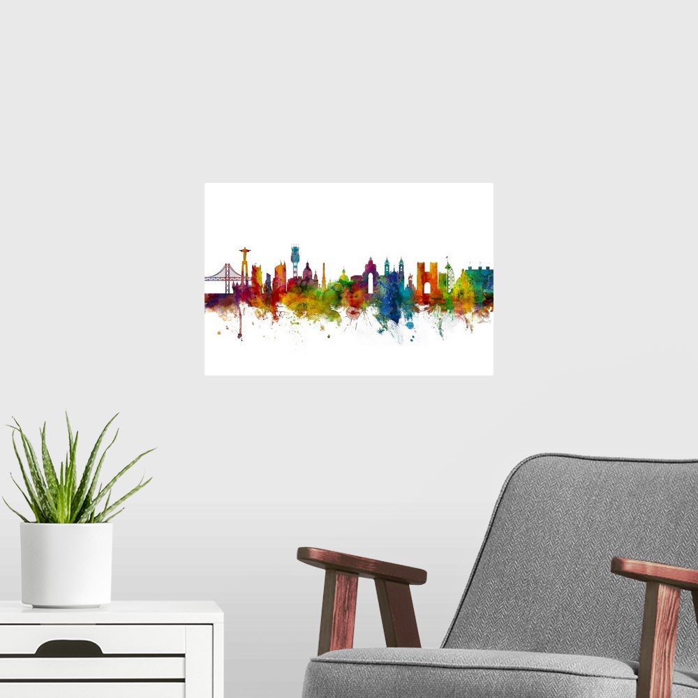 A modern room featuring Watercolor art print of the skyline of Lisbon, Portugal