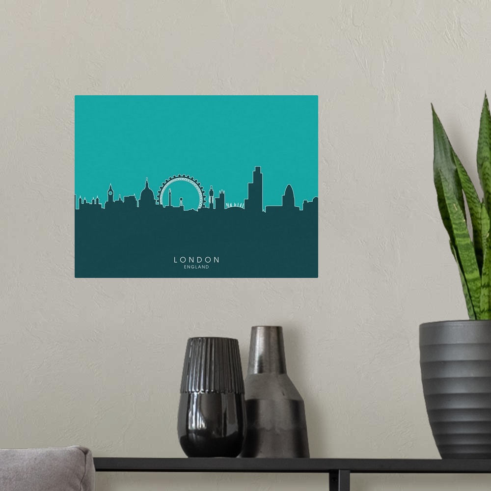 A modern room featuring Contemporary artwork of the London skyline silhouetted in teal.