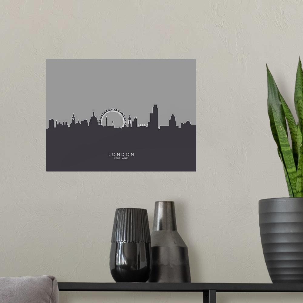 A modern room featuring Contemporary artwork of the London skyline silhouetted in dark gray.