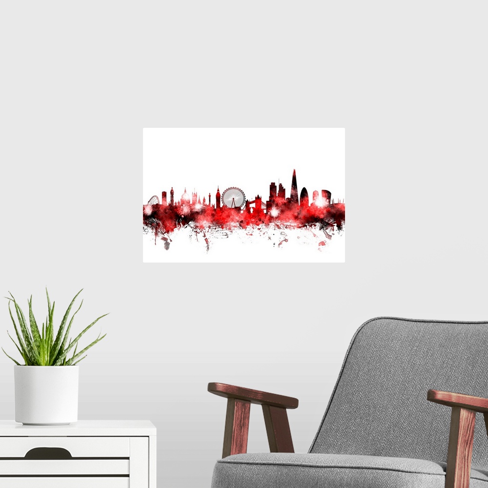 A modern room featuring Contemporary piece of artwork of the London skyline made of colorful paint splashes.