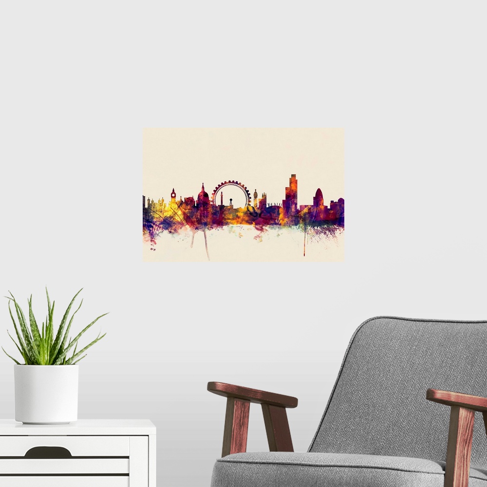 A modern room featuring Contemporary artwork of the London city skyline in watercolor paint splashes.