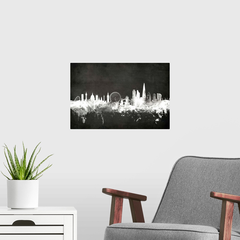 A modern room featuring Smokey dark watercolor silhouette of the London city skyline against chalkboard background.