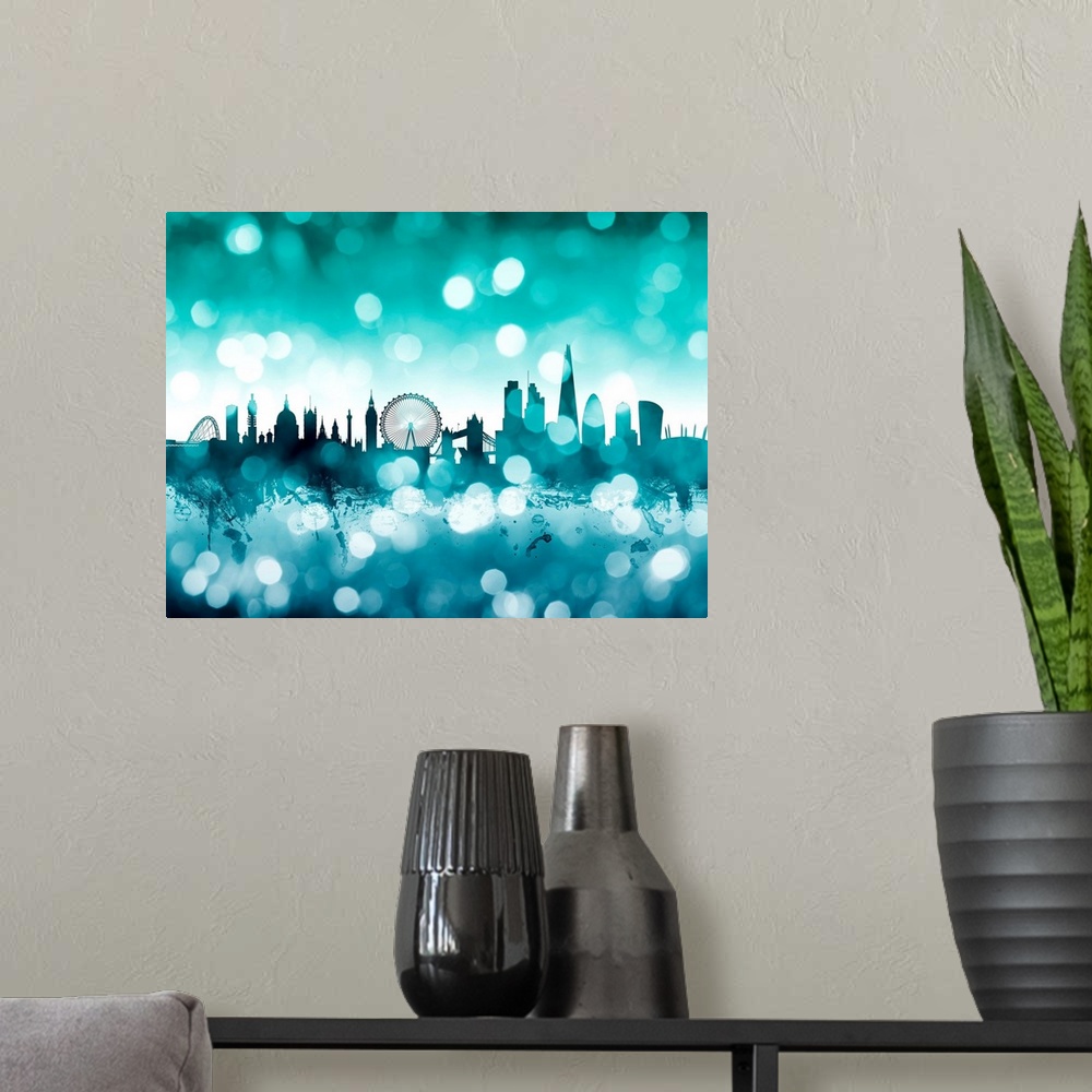 A modern room featuring Skyline of the City of London, England.