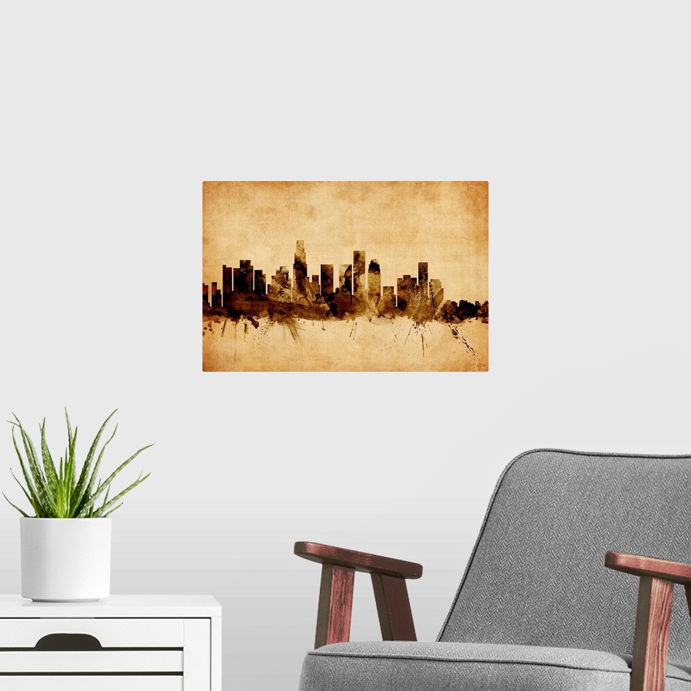 A modern room featuring Contemporary artwork of the Los Angeles city skyline in a vintage distressed look.