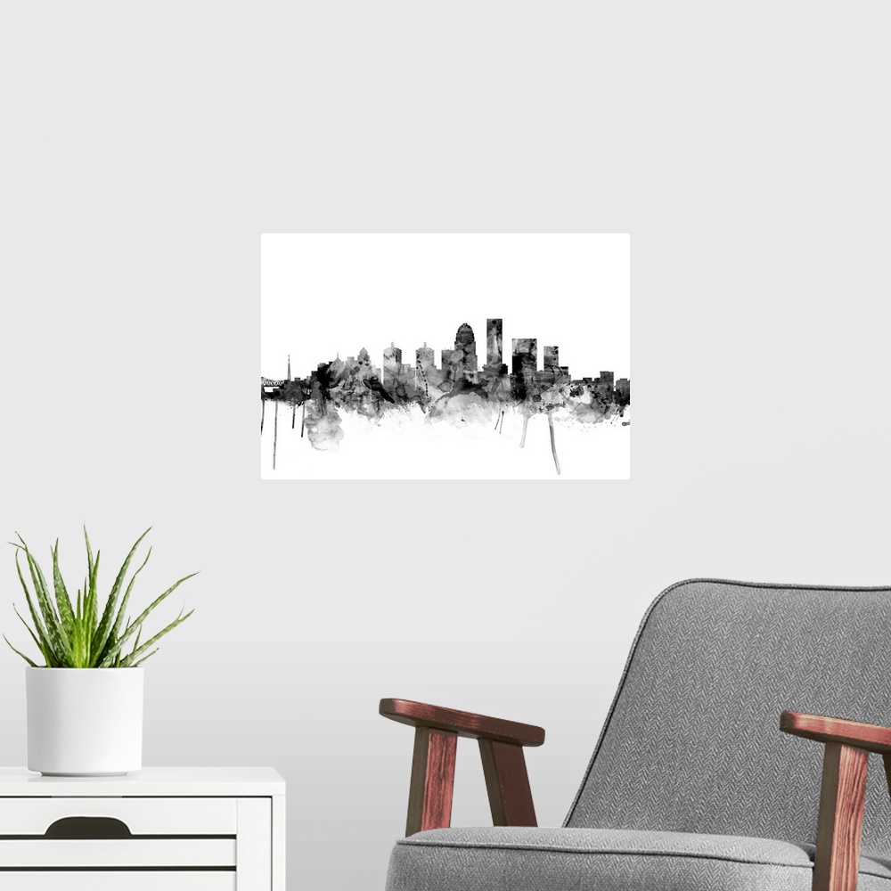 A modern room featuring Smokey dark watercolor silhouette of the Louisville city skyline.