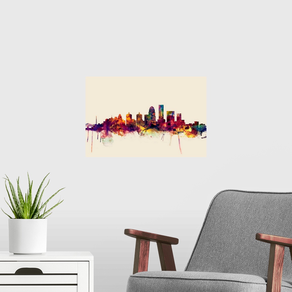 A modern room featuring Dark watercolor splattered silhouette of the Louisville city skyline.