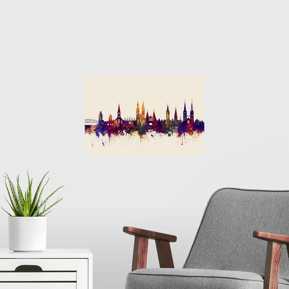 A modern room featuring Watercolor art print of the skyline of Lubeck, Germany