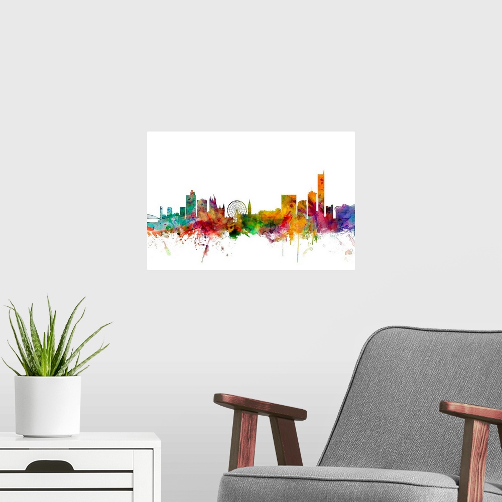 A modern room featuring Contemporary piece of artwork of the Manchester skyline made of colorful paint splashes.
