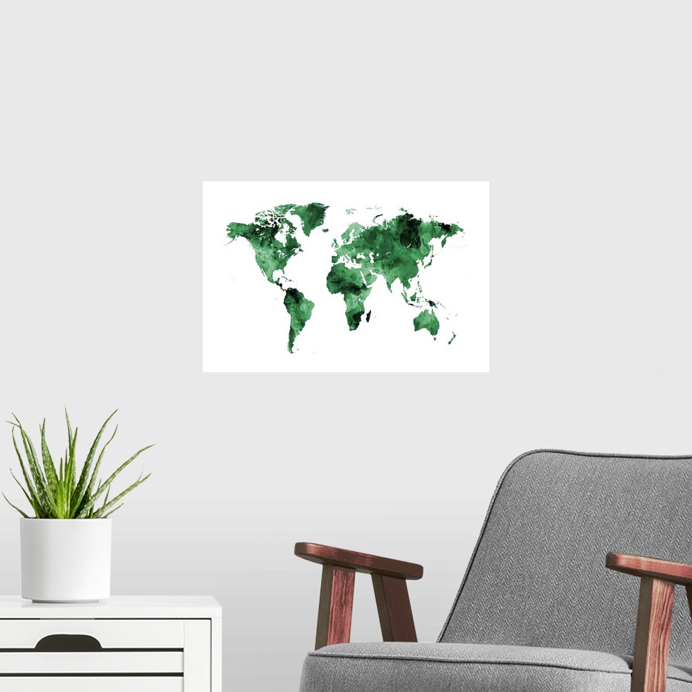 A modern room featuring Watercolor world map.