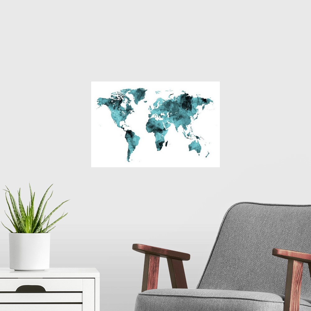 A modern room featuring Watercolor world map.
