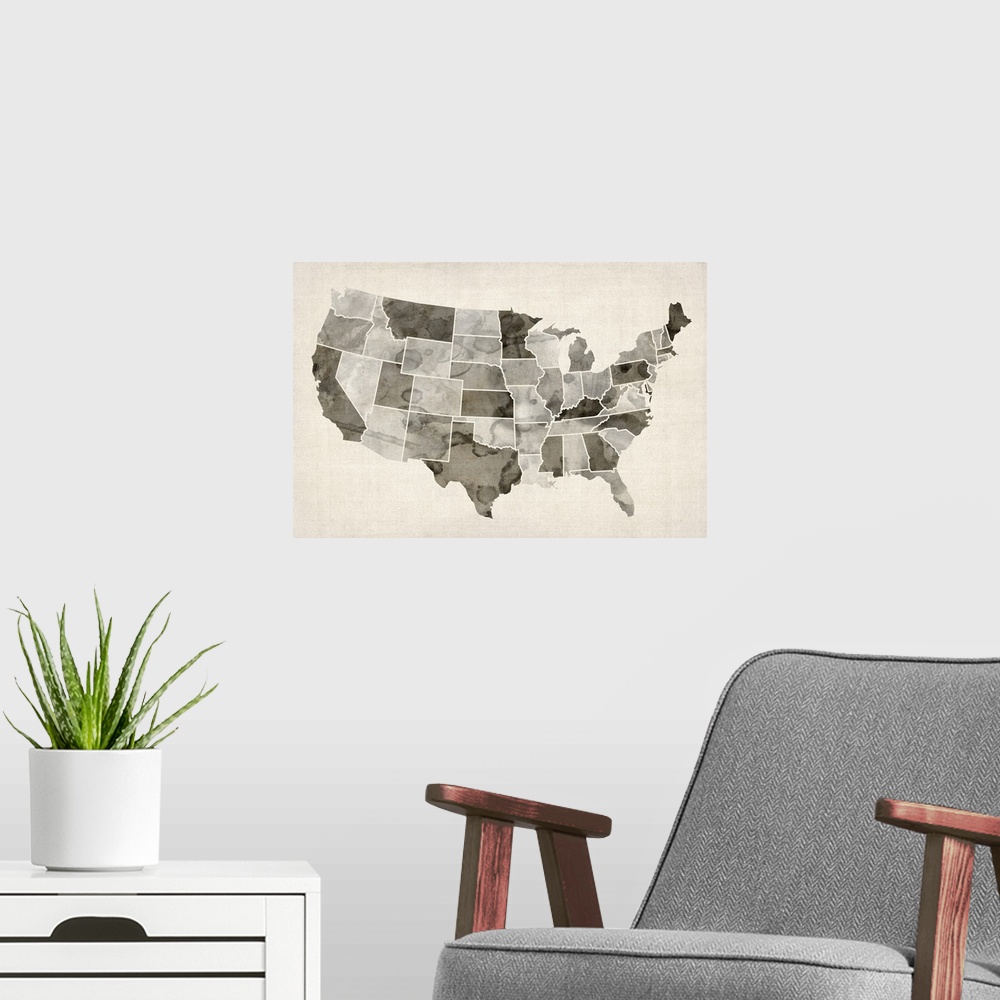 A modern room featuring Map of United States of America, watercolor in brown