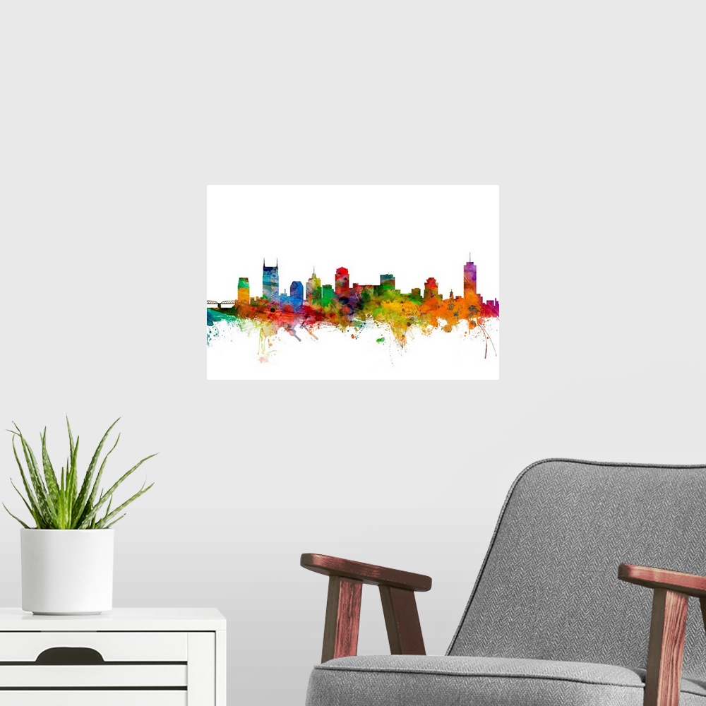 A modern room featuring Watercolor artwork of the Nashville skyline against a white background.