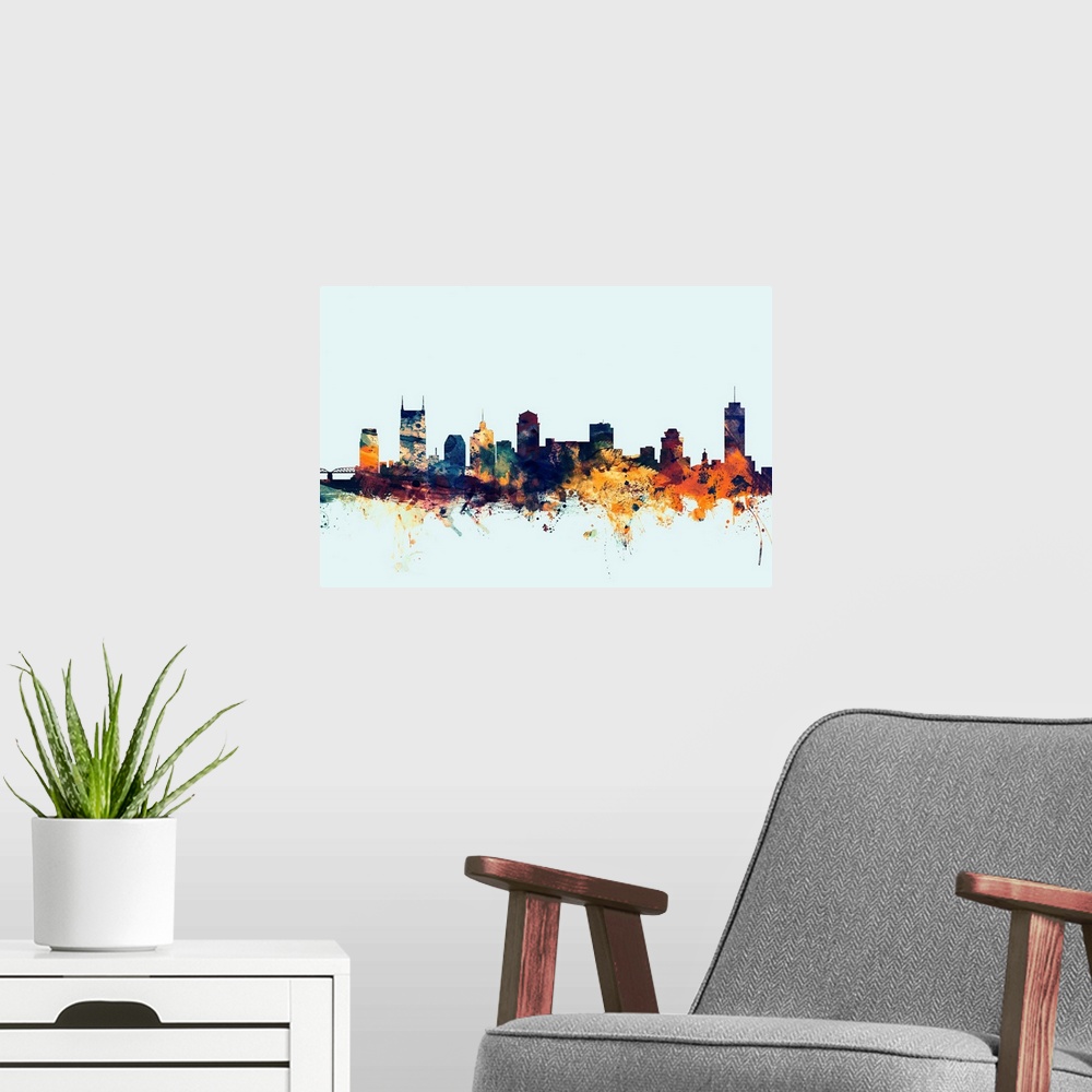 A modern room featuring Dark watercolor silhouette of the Nashville city skyline against a light blue background.