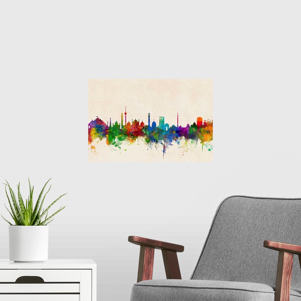 A modern room featuring A splattered and splashed watercolor silhouette of the New Delhi city skyline against a distresse...