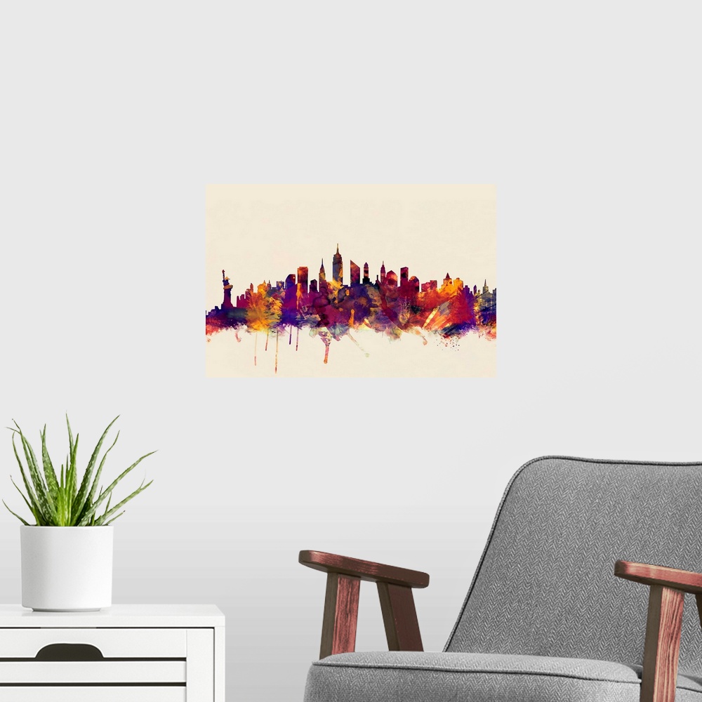 A modern room featuring Contemporary artwork of the New York city skyline in watercolor paint splashes.