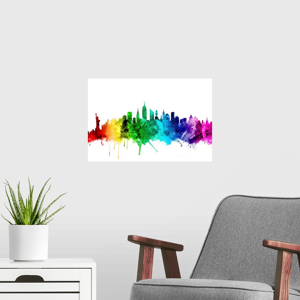 A modern room featuring Watercolor art print of the skyline of New York City, United States.
