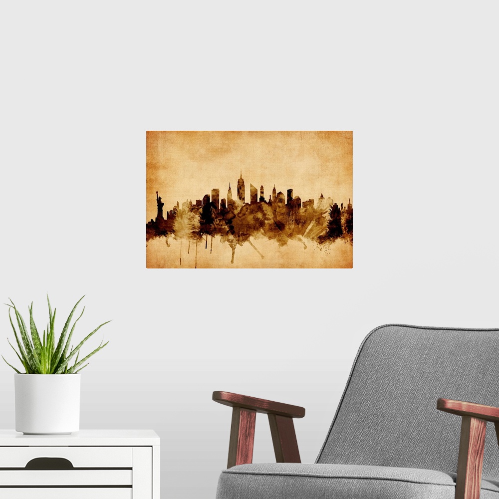 A modern room featuring Contemporary artwork of the New York city skyline in a vintage distressed look.