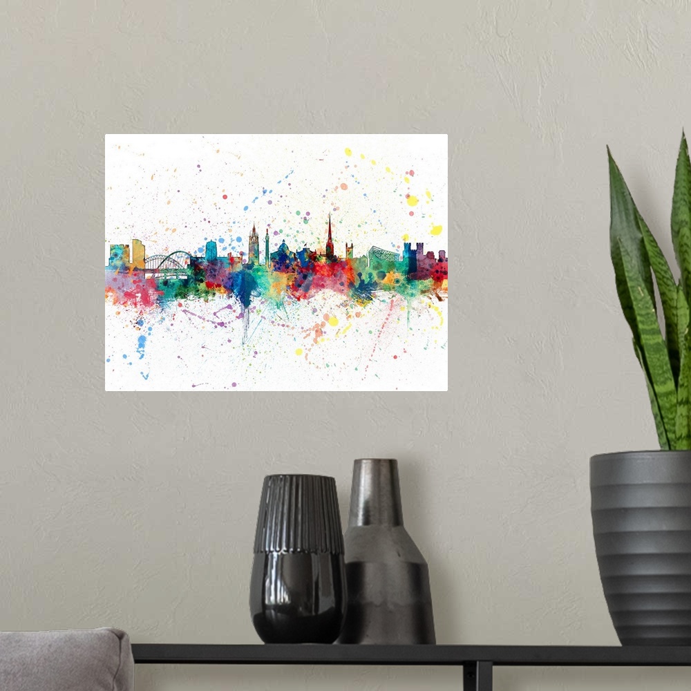A modern room featuring Watercolor art print of the skyline of Newcastle, England, United Kingdom.