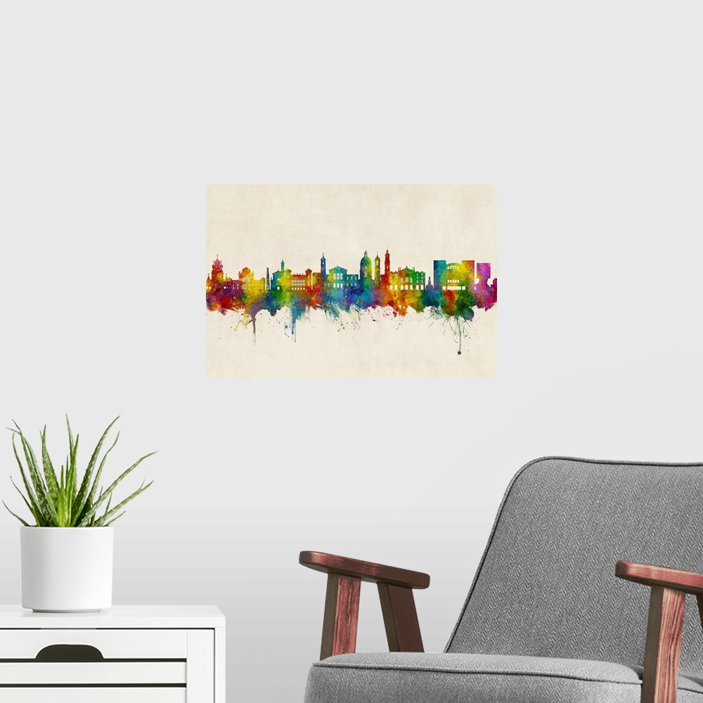 A modern room featuring Watercolor art print of the skyline of Nice, France