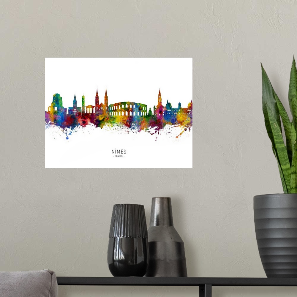A modern room featuring Watercolor art print of the skyline of Nimes, France