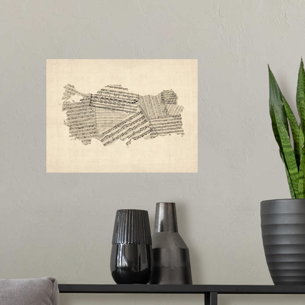 A modern room featuring A map of Turkey made from a collage of old and vintage sheet music on an antique style background.