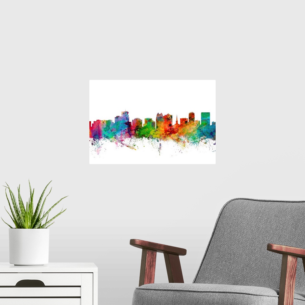 A modern room featuring Watercolor artwork of the Orlando skyline against a white background.