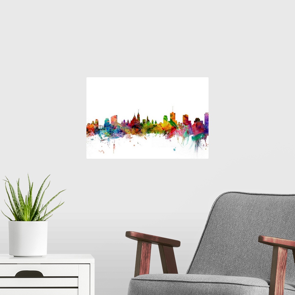 A modern room featuring Watercolor artwork of the Ottawa skyline against a white background.