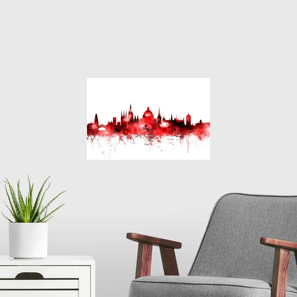 A modern room featuring Vibrant red watercolor silhouette of the Oxford city skyline.