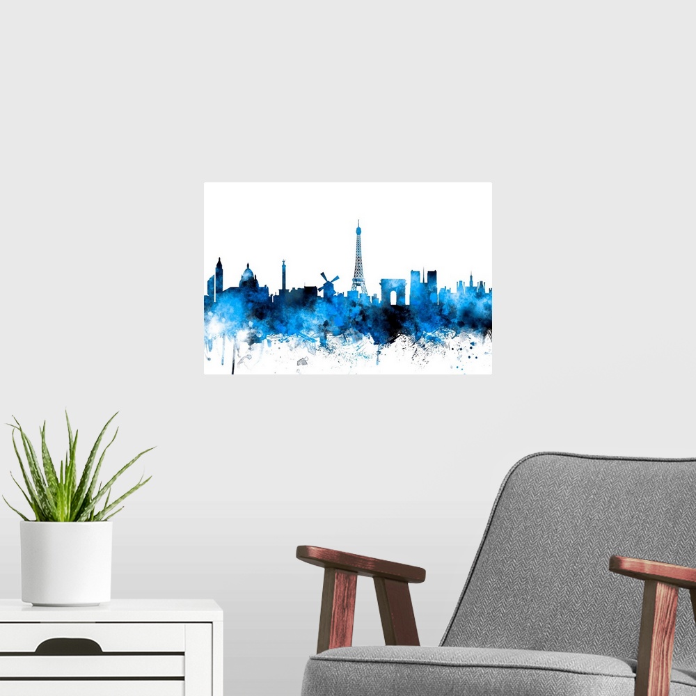 A modern room featuring Contemporary piece of artwork of the Paris skyline made of colorful paint splashes.