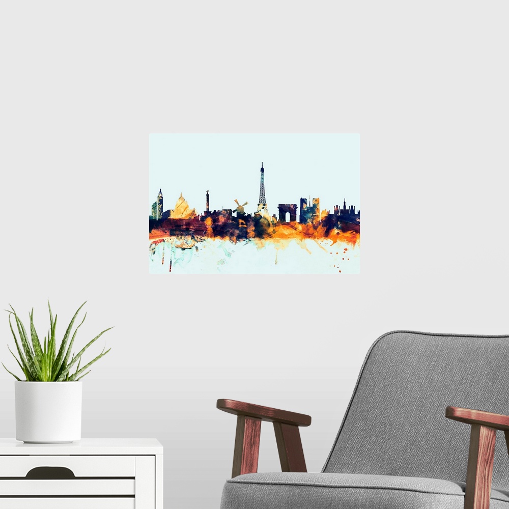 A modern room featuring Dark watercolor silhouette of the Paris city skyline against a light blue background.
