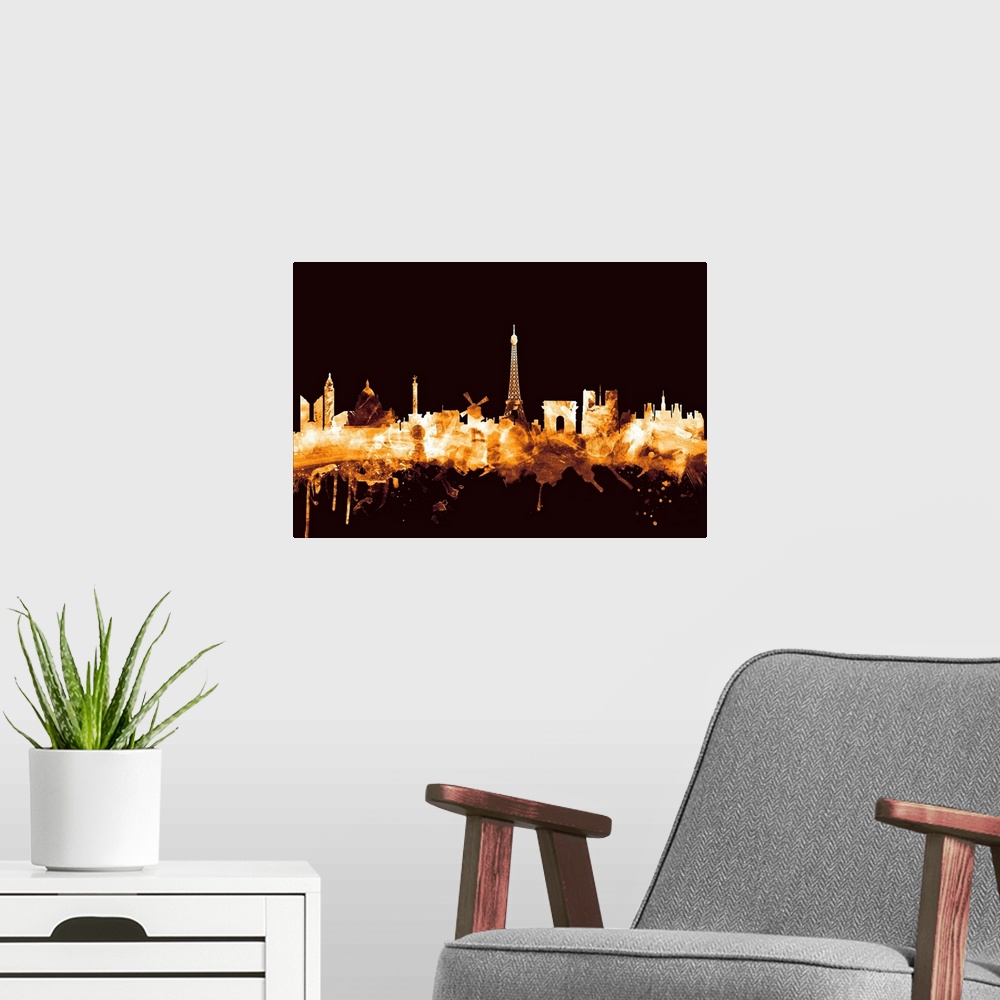 A modern room featuring Watercolor art print of the skyline of Paris, France.