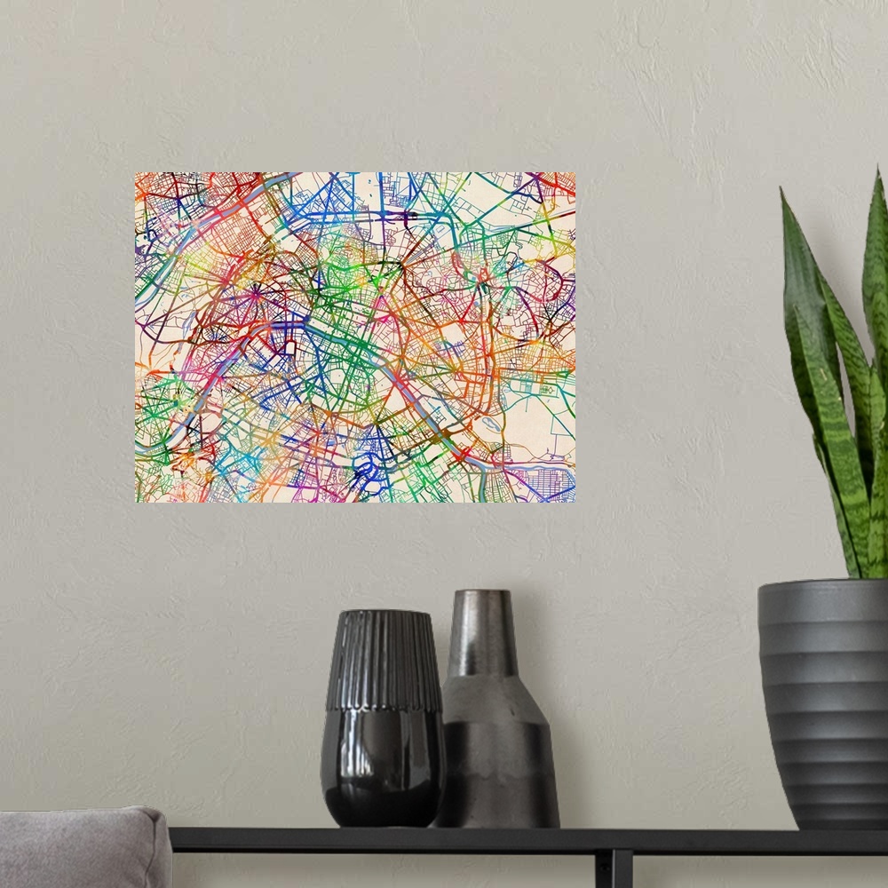 A modern room featuring A watercolor street map of Paris, France.