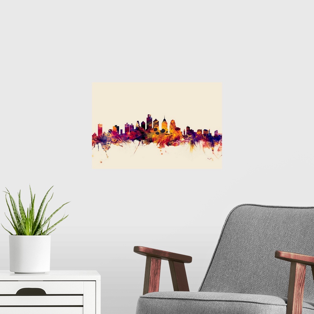 A modern room featuring Watercolor artwork of the Philadelphia skyline against a beige background.