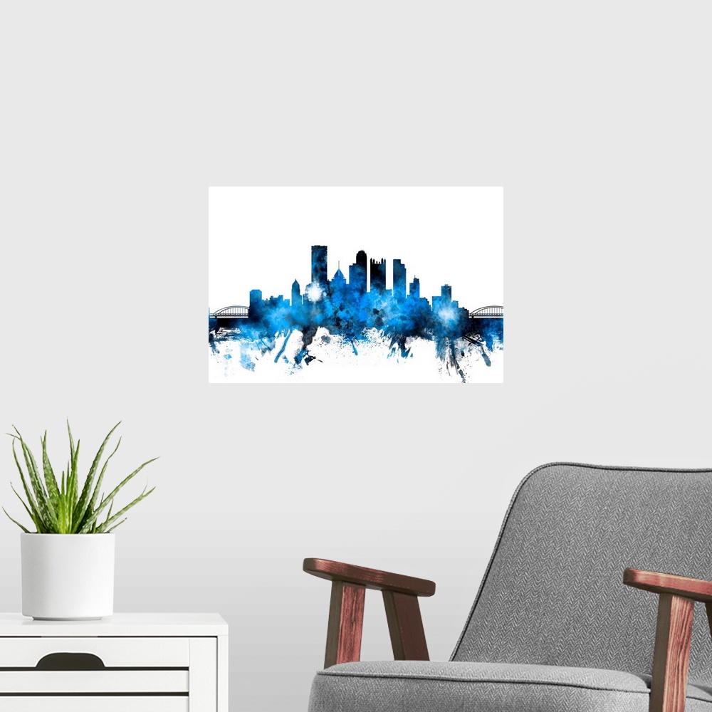 A modern room featuring Contemporary piece of artwork of the Pittsburgh skyline made of colorful paint splashes.