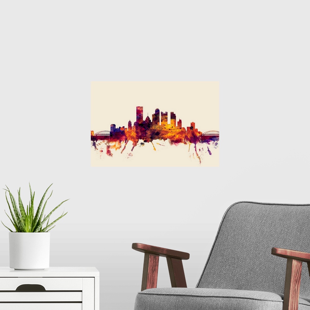 A modern room featuring Watercolor artwork of the Pittsburgh skyline against a beige background.