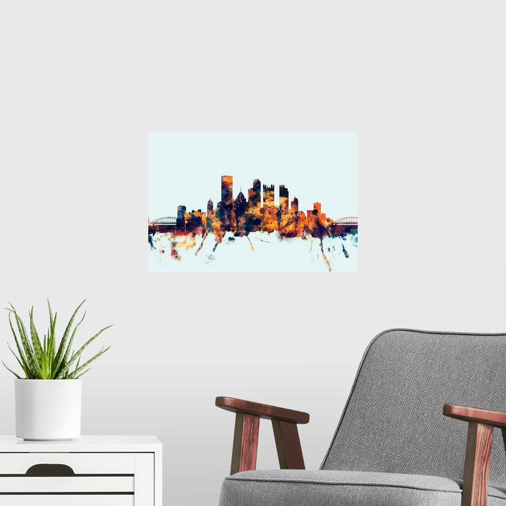 A modern room featuring Dark watercolor silhouette of the Pittsburgh city skyline against a light blue background.