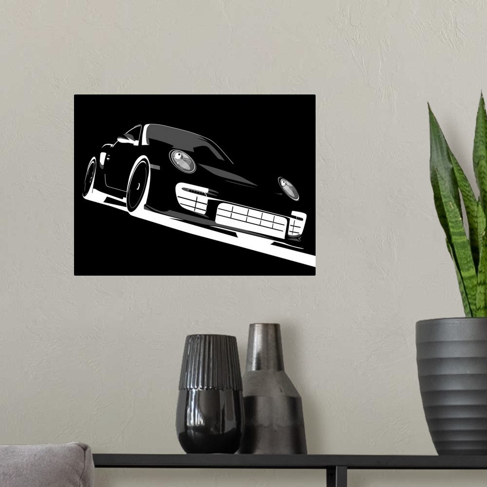 A modern room featuring Retro artwork of a black Porsche shown at an angle with a black background.